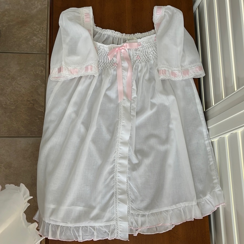 2pc White /Pink Smocked Cotton LaceNightgown Set made in Brazil size 12